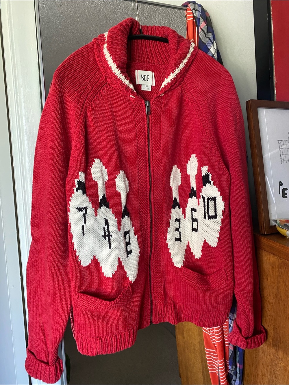 Zip up cardigan bowling motif size large